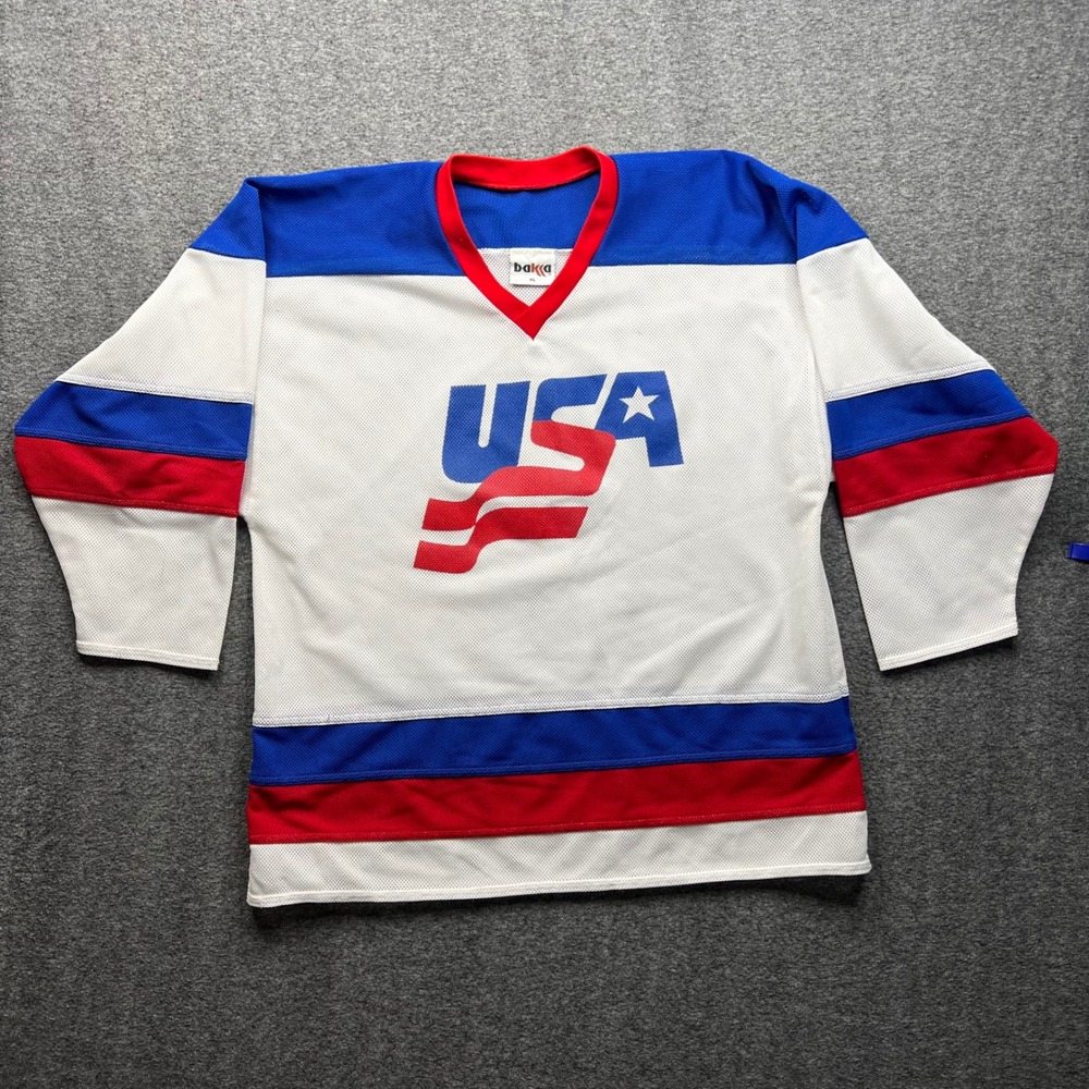 Vintage Hockey Jersey Mens XL White Red Blue Bakka Mesh V-Neck Made in USA